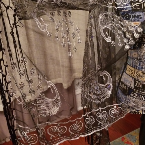 Sheer black & silver shawl or bathingsuit cover - Picture 2 of 3